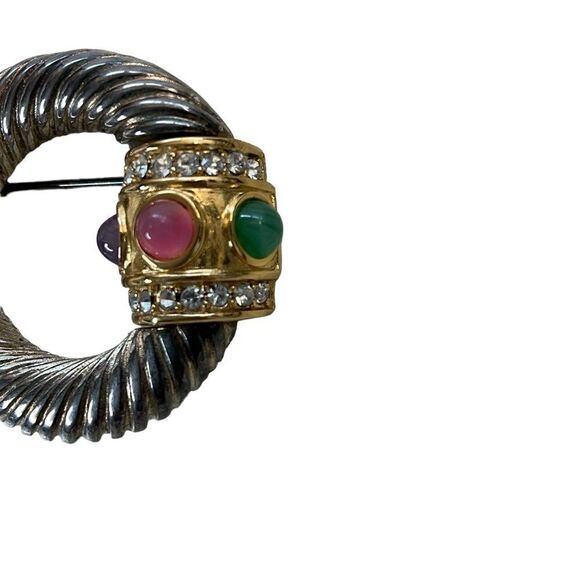 Vintage Givenchy Brooch Silvertone With Rhinestones Colored Glass Cabochons - Picture 3 of 5